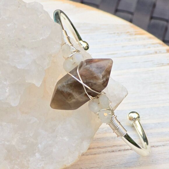 Sunstone & Moonstone ✦ Wire Wrap Cuff ✦ 925 Silver Over Copper w/ Raw Crysta - Picture 4 of 12